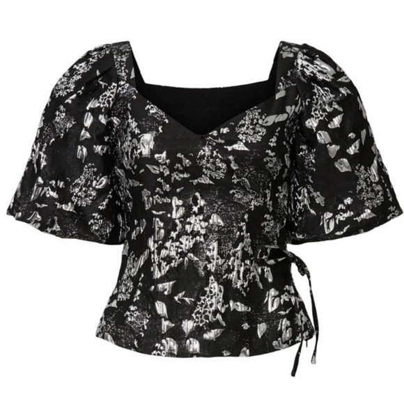 JONATHAN SIMKHAI Taylor Puff Balloon Sleeve Faux Wrap Black Metallic Top Size 4 - Picture 5 of 12
